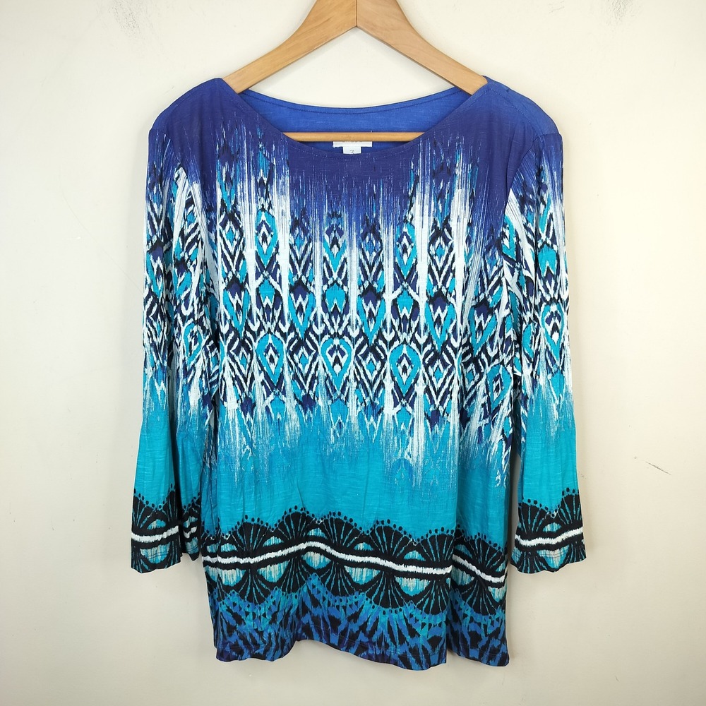 Chicos Blue Ikat Geometric Top 3 / XL 3/4 Sleeve Rayon Knit Blouse